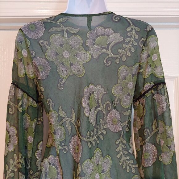 Ing Y2K Boho Sheer Floral Green Flowy Long Puff Sleeve Top M Hippie - Picture 10 of 14